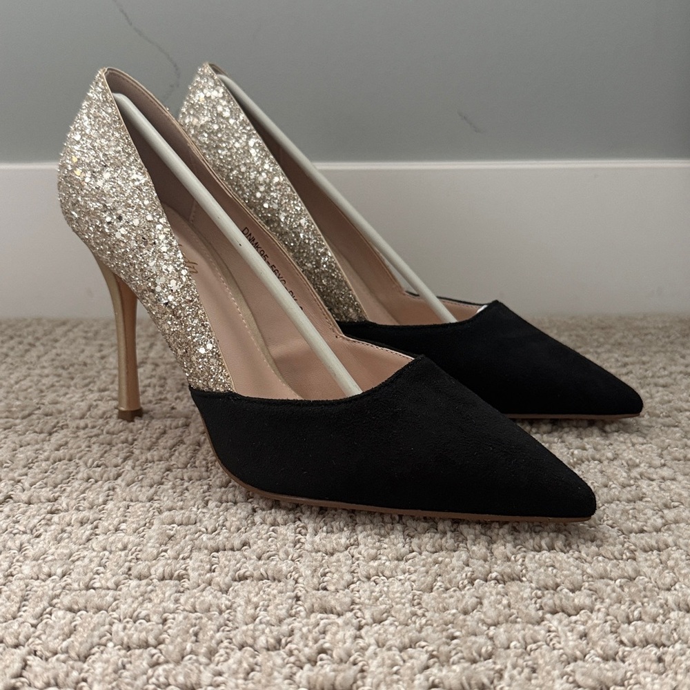 Black and Gold Glitter Pointed Toe Stiletto Heels
